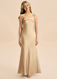 Azazie Willa Junior Vestido de Champán de Satén Elástico de Corte en A con Lazo image1