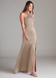 Azazie Rue Bridesmaid Dresses Taupe Mermaid Pleated Stretch Satin Dress image4