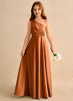 Azazie Puddles Girls Formal Abiti da Ragazza di Fiori Abito A-Line in Raso Opaco Monospalla Rame image1