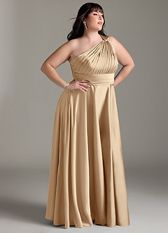 Azazie Charlize Jurken voor bruidsmeisjes Jurk van Stretch Satijn met A-lijn One-shoulder Champagne image4