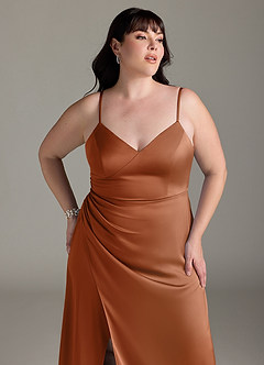 Azazie Marchella Bridesmaid Dresses Copper A-Line Corset Stretch Satin Dress image11