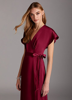 Azazie Nico Bridesmaid Dresses Burgundy A-Line V-Neck Stretch Satin Dress image6