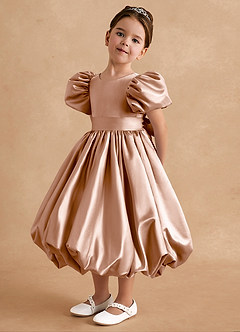 Azazie Jellybean Sukienki dla dziewczynek sypiących kwiaty Suknia balowa Marszczony Matowy satynowy Długość herbaty Sukienka image4