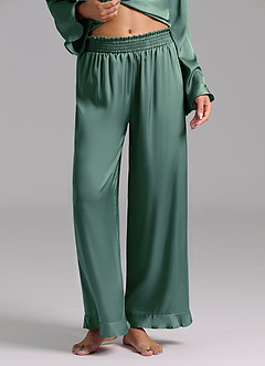 front Matching Color Ruffled Satin Long Sleeve Pajama Set
