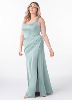 Azazie Mero Bridesmaid Dresses Mist Sheath Pleated Stretch Satin Dress image7