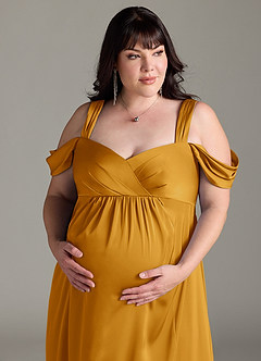 Azazie Rhea Gravid brudtärna klänningar Klänning A-Line Off-The-Shouler Plisserad Golvlängd Stretch Satin image12