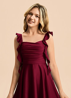 Azazie Kira Junior Burgundy A-Line Ruched Stretch Satin Dress image7