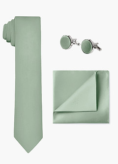 front Matching Stretch Satin Wide Tie & Pocket Square & Cuff Links Set