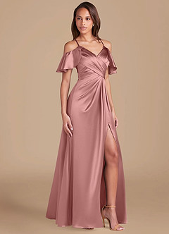 Azazie Dakota Slutförsäljning Klänning av A-Line i Metallisk satin Av axeln Auburn image5