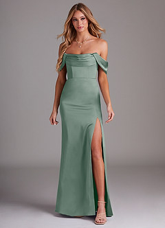 Azazie Saige Vestidos de damas de honor Vestido de Salvia Plateada de Satén Elástico de Corte Recto con Vestidos sin tirantes image3