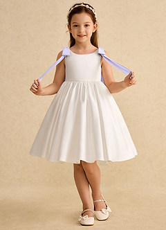 Azazie Stacie Flower Girl Dresses Ivory Lilac A-Line Bow Matte Satin Dress image4