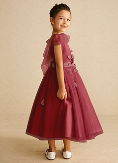 Azazie Minia Flower Girl Dresses Pomegranate A-Line Bow Matte Satin Dress image2