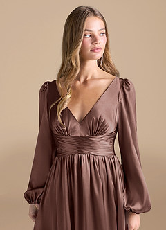 Azazie Norah Bridesmaid Dresses Espresso A-Line Metallic Satin Dress image6