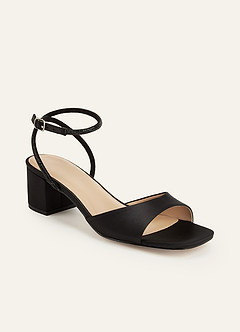 front Metaliczne satynowe buty na obcasie typu block z paskiem na kostce i zdobione kryształkami