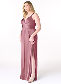 Azazie Aqua Bridesmaid Dresses Vintage Mauve A-Line V-Neck Pleated Stretch Satin Dress image10