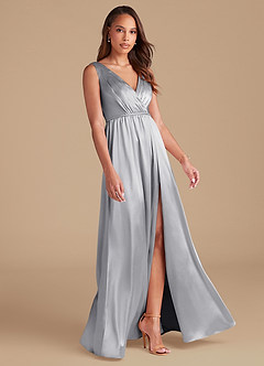Azazie Tanicia Bridesmaid Dresses Silver A-Line Pleated Metallic Satin Dress image4