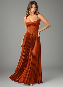 Azazie Avenelle Bridesmaid Dresses Burnt Orange A-Line Corset Stretch Satin Dress image1