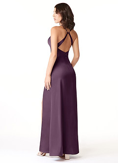Azazie Geanna Vestidos de damas de honor Vestido de Ciruela de Satén Elástico de Corte Recto con Cuello en V Plisado image4