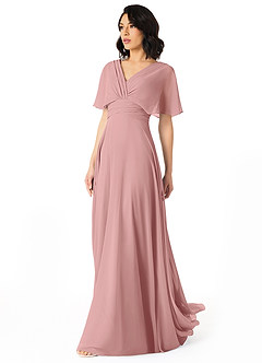 Azazie Pamela Robes de demoiselle d'honneur Robe Trapèze en Mousseline de soie Col V plissé Rose Poussiéreuse image3