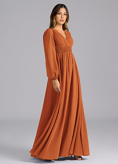 Azazie Palerma Robes de demoiselle d'honneur Robe Trapèze en Mousseline de soie Manche longue Cannelle image5