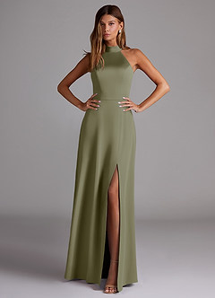 Azazie Myra Bridesmaid Dresses Pistachio A-Line Side Slit Stretch Satin Dress image3