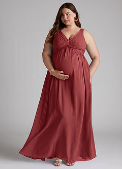 Azazie Yetta Maternity Bridesmaid Dresses A-Line V-Neck Gathered Chiffon Floor-Length Dress image7