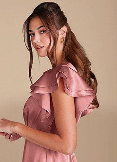 Azazie Daphne Modest Bridesmaid Dresses A-Line Ruched Metallic Satin Floor-Length Dress image5