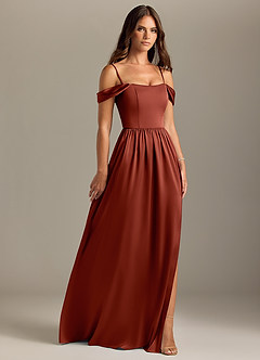 Azazie Calianna Bridesmaid Dresses Terracotta A-Line Off the Shoulder Stretch Satin Convertible Dress image7