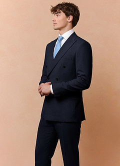 front Collins Navy Blue Double Breasted Wool Blend Suit Jacket