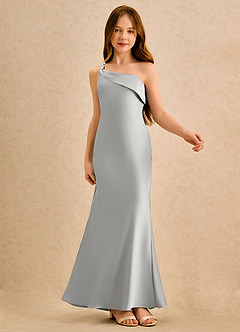 Azazie Almond Girls Formal Robe Demoiselle D'honneur Fillette Robe Fourreau en Satin extensible Une épaule Argent image6