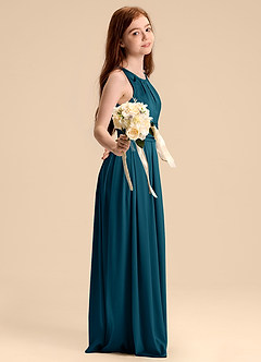 Azazie Bibiane Junior Ink Blue A-Line Pleated Stretch Satin Dress image5