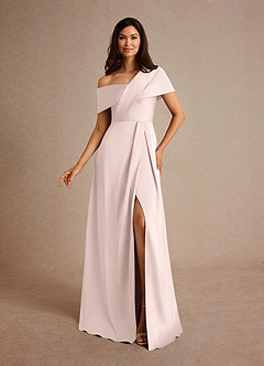 Azazie Milton Mother of the Bride Dresses Blushing Pink A-Line Pleated Stretch Satin Dress image1