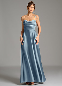 Azazie Ayla Abiti da Damigella Abito A-Line in Raso Elasticizzato Corsetto Blu Polveroso image5