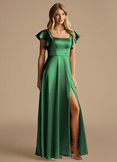 Azazie Bondi Brautjungfernkleider A-Linie Schleifen Metallischer Satin Kleid Dunkelgrün image2