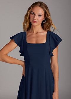 Azazie Bondi Vestidos de damas de honor Vestido de Azul Marino Oscuro de Chifón elástico de Corte en A con Corte Lateral image6