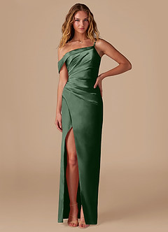 Azazie Lia Jurken voor bruidsmeisjes Jurk van Metaalachtig Satijn met Kolom Off the Shoulder Eucalyptus image1