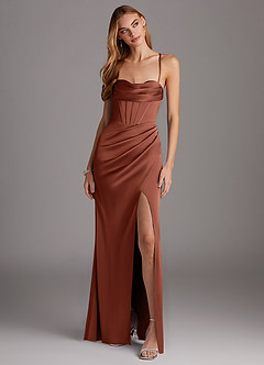Azazie Brookelle Bridesmaid Dresses Clay Sheath Sweetheart Corset Stretch Satin Dress image4