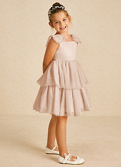 Azazie Vanellope Robe Demoiselle D'honneur Fillette Robe Trapèze en Tulle Arc Rose Perle image1