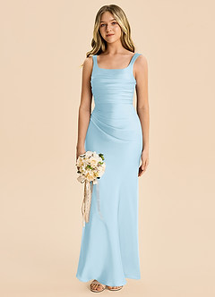 Azazie Agustina Junior Sky Blue Sheath Pleated Stretch Satin Dress image4