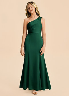 Azazie Ren Junior Dark Green A-Line Pleated Stretch Satin Dress image5