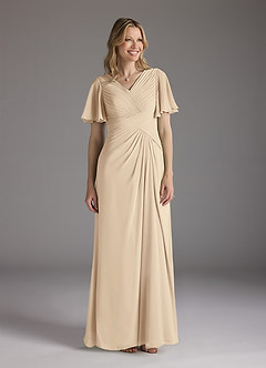 Azazie Morning Glory Mother of the Bride Dresses Champagne A-Line V-Neck Ruched Chiffon Dress image1