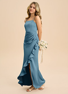 Azazie Buzzy Junior Osłona Pofałdowany Satyna elastyczna Długość podłogi Młodsza druhna Sukienka image6