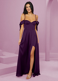 Barbie ♥ Azazie Bridesmaid Dresses Grape A-Line Off the Shoulder Stretch Satin Dress image6