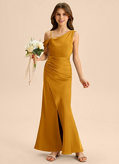 Azazie Madelyn Junior Osłona Zza ramienia Satyna elastyczna Długość podłogi Młodsza druhna Sukienka image1