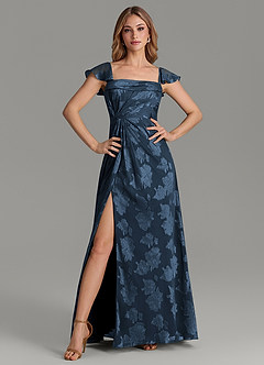 Azazie Savannah At-home Try On Dresses Dark Navy A-Line Pleated Floral Jacquard Burnout Dress image3