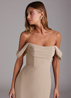 Azazie Saige Robes de demoiselle d'honneur Robe Trapèze Convertible en Mousseline de soie Épaules dénudées Taupe image5