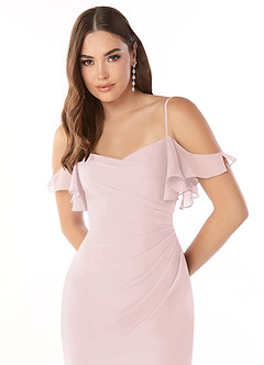 Azazie Emeralda Bridesmaid Dresses Blushing Pink Sheath Off the Shoulder Chiffon Dress image6