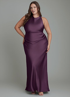 Azazie Evadne Bridesmaid Dresses Plum Sheath Pleated Stretch Satin Dress image7