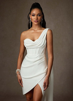 Azazie Yusra 웨딩드레스 쉬스 스윗하트 네크라인 크레이프 백 새틴 미니 드레스 image2