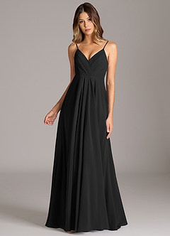 Azazie Amani At-home Try On Dresses Black A-Line Pleated Chiffon Dress image4